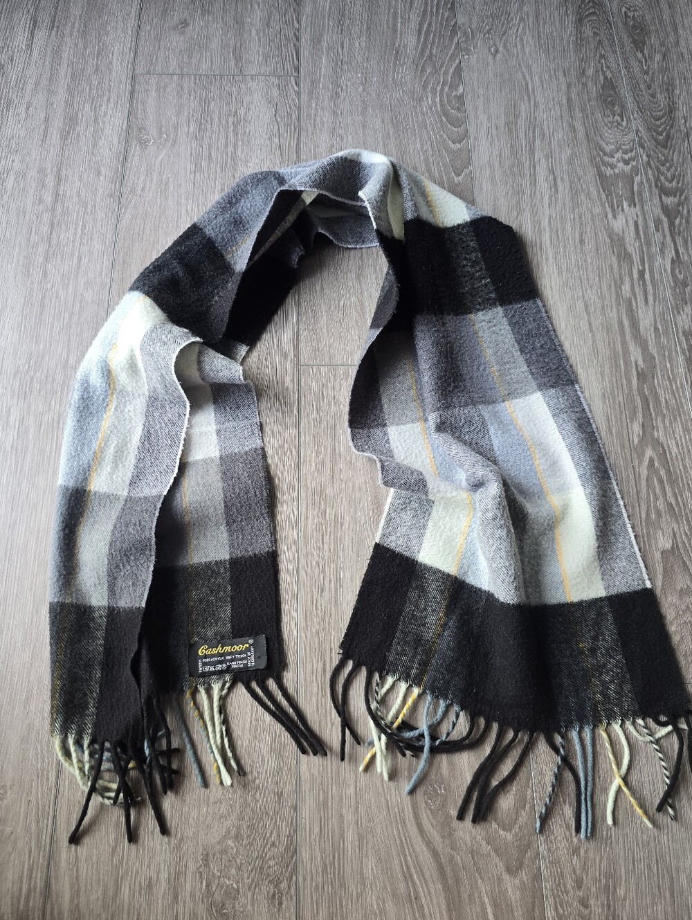 Gray Black Plaid Check Cashmere Feel Fringe Winter Scarf Unisex Vintage Cashmoor